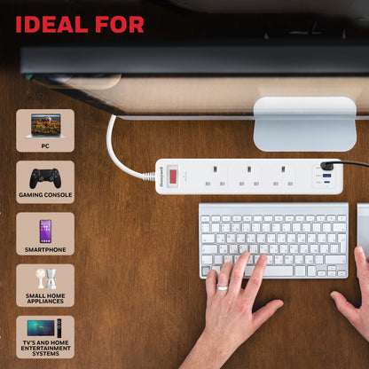 3 Outlet Surge Protector With 1xType C & 2xUSB - White