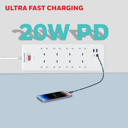 8 Outlet Surge Protector with 2 Type C with PD & 2 USB - White