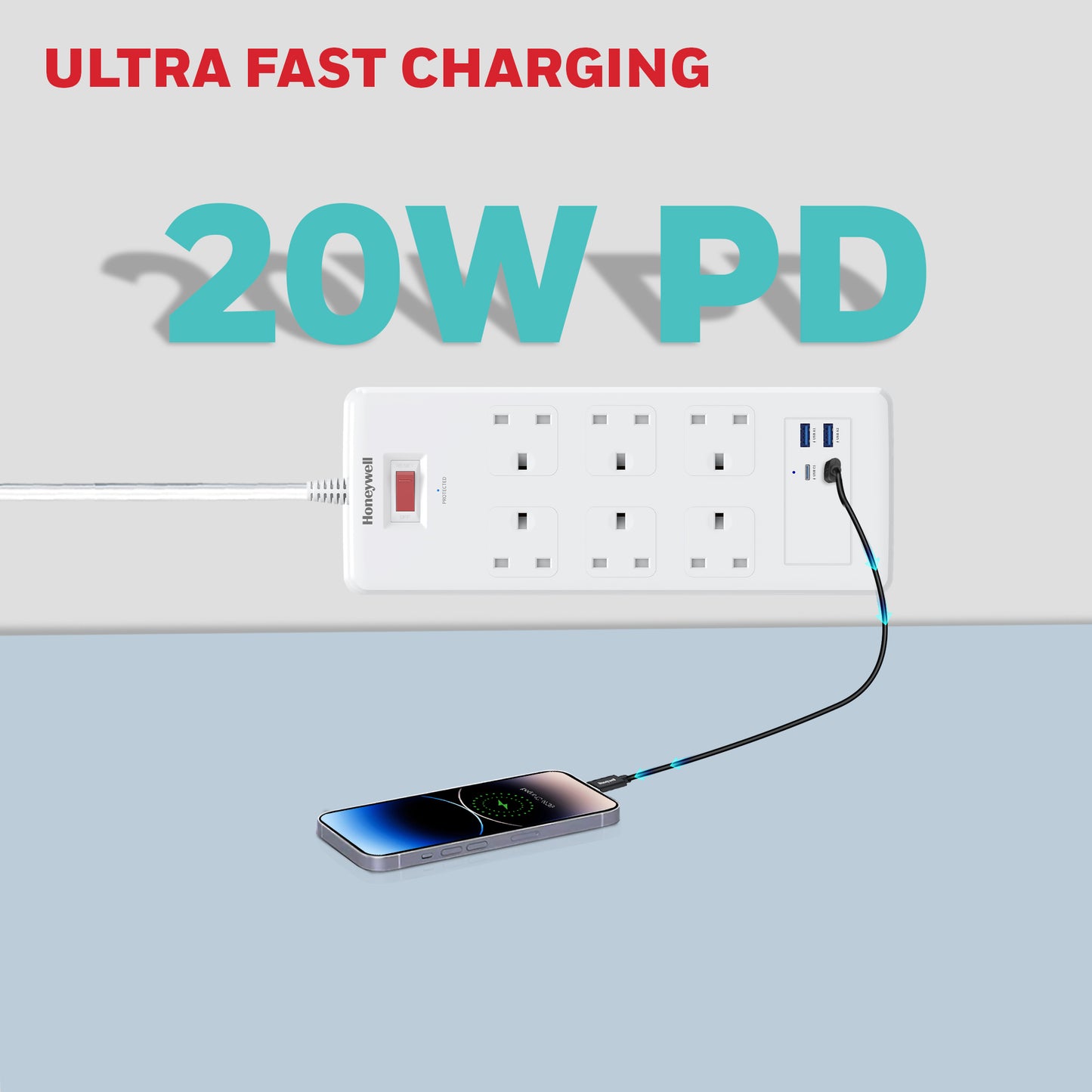 6 Outlet Surge Protector with 2xType C with PD & 2xUSB - White