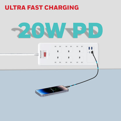 6 Outlet Surge Protector with 2xType C with PD & 2xUSB - White