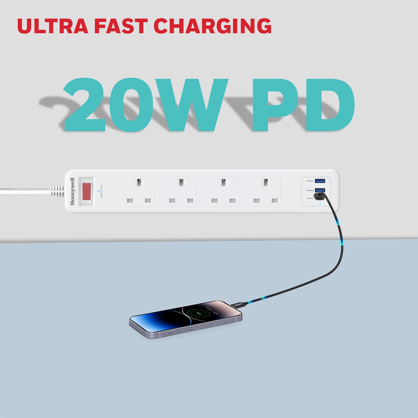 4 Outlet Surge Protector with 1xType C with PD & 2xUSB - White