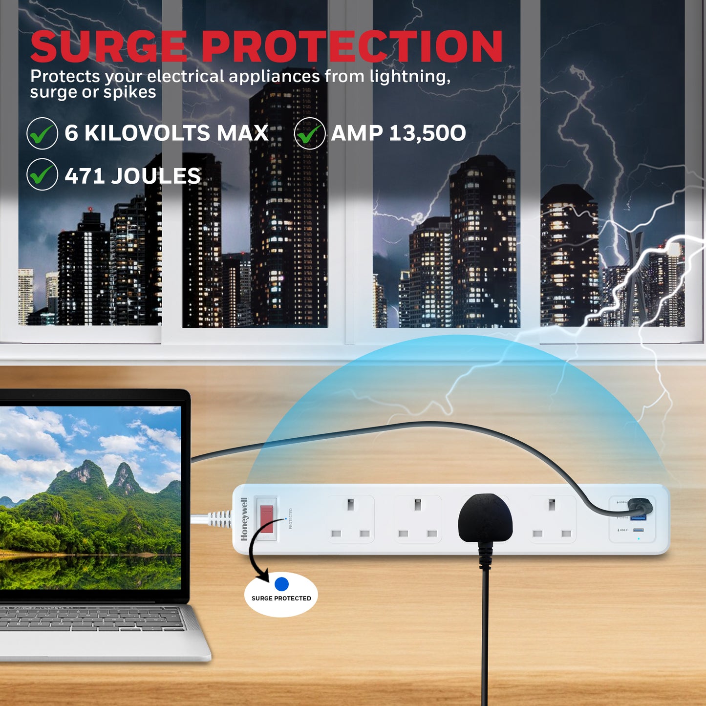 4 Outlet Surge Protector with 1xType C with PD & 2xUSB - White