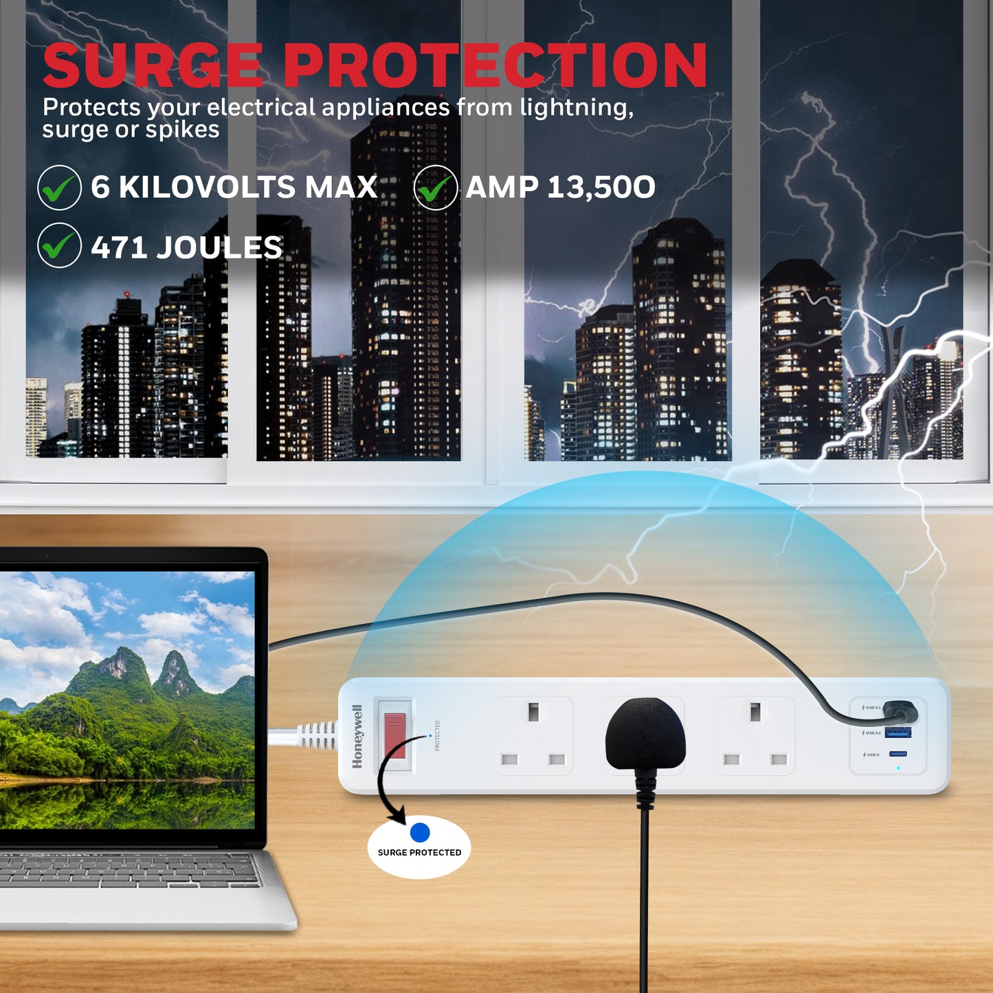 3 Outlet Surge Protector With 1xType C & 2xUSB - White