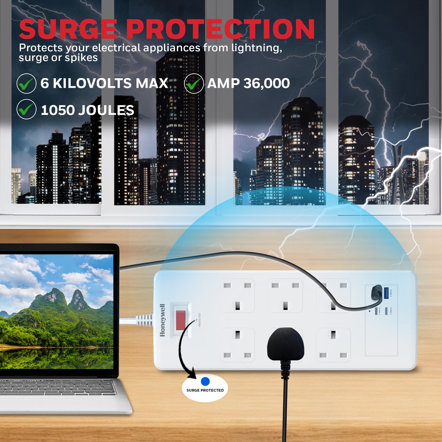 6 Outlet Surge Protector with 2xType C with PD & 2xUSB - White