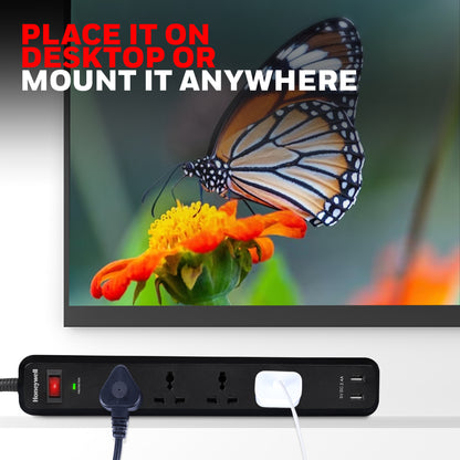 4 out surge protector with master switch + 2 USB - Black