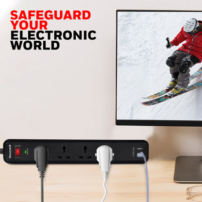 4 out surge protector with master switch + 2 USB - Black