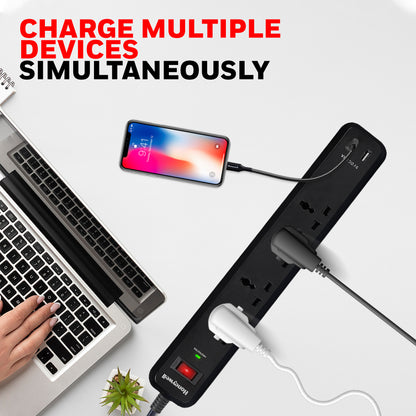 4 out surge protector with master switch + 2 USB - Black