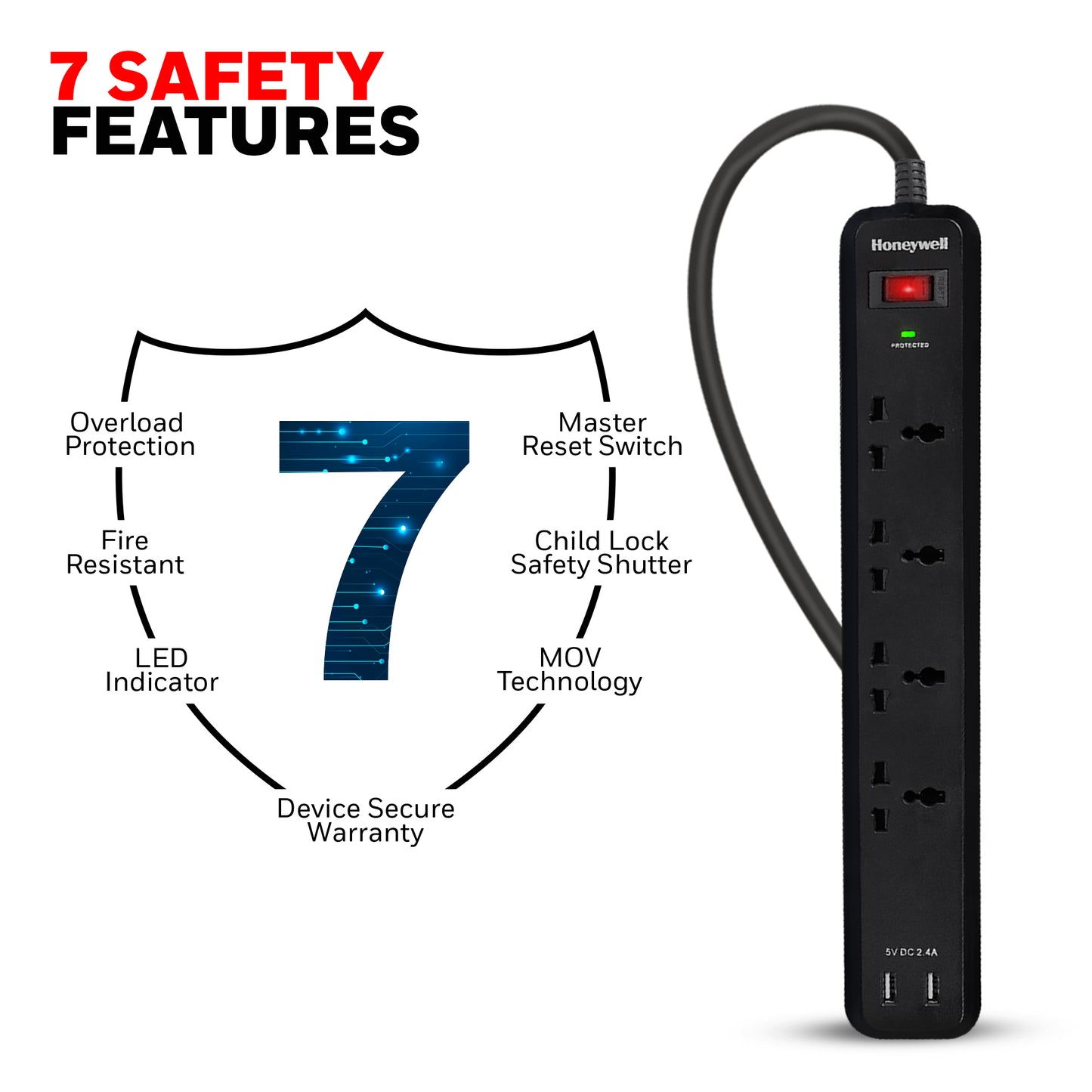 4 out surge protector with master switch + 2 USB - Black