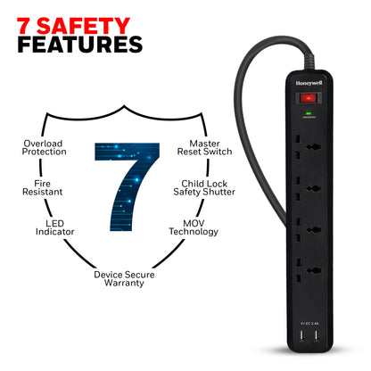 4 out surge protector with master switch + 2 USB - Black
