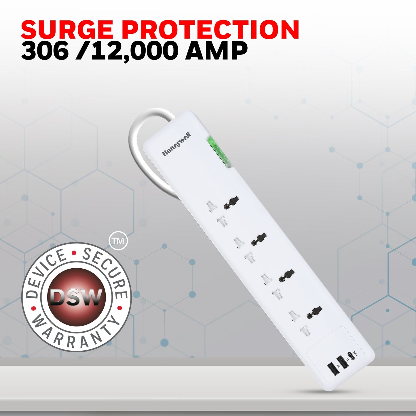 4 out surge protector PD20W with 2xUSB - White