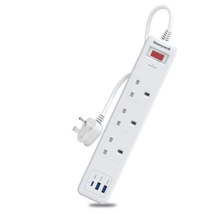 3 Outlet Surge Protector With 1xType C & 2xUSB - White