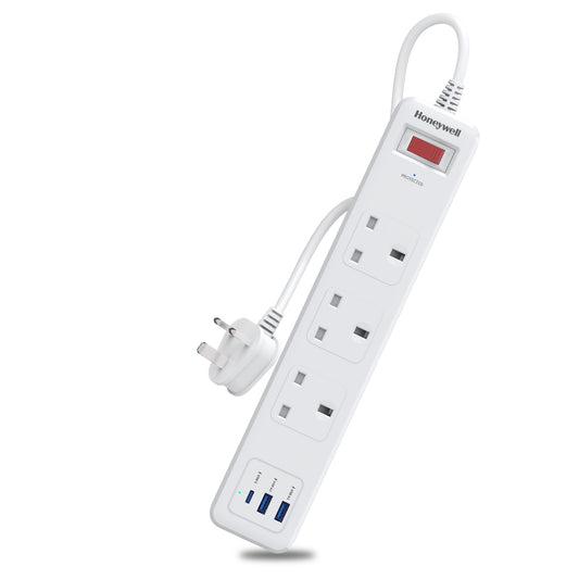 3 Outlet Surge Protector With 1xType C & 2xUSB - White