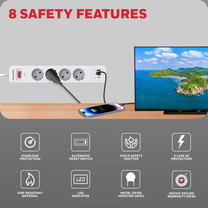 Honeywell 4 Out Surge Protector, 1.8 Meter Length, White - Image 3