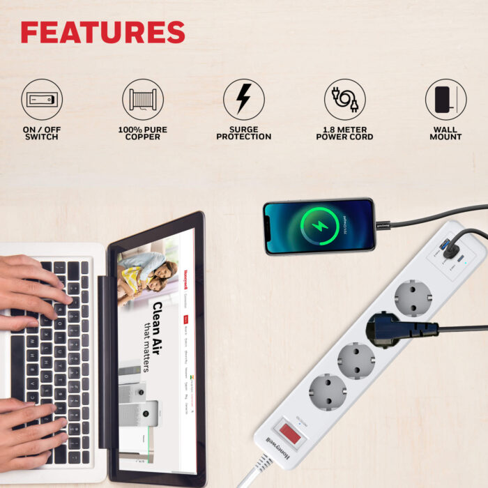 Honeywell 4 Out Surge Protector, 1.8 Meter Length, White - Image 4