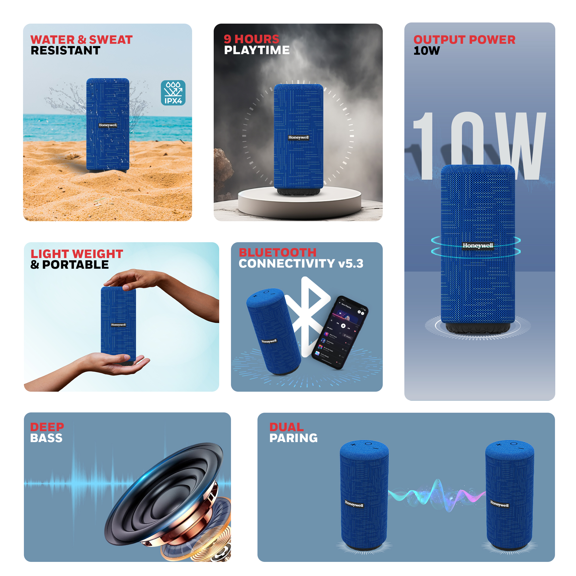 Honeywell Newly Launched Suono P300, Wireless Bluetooth Speaker, 10W - Blue