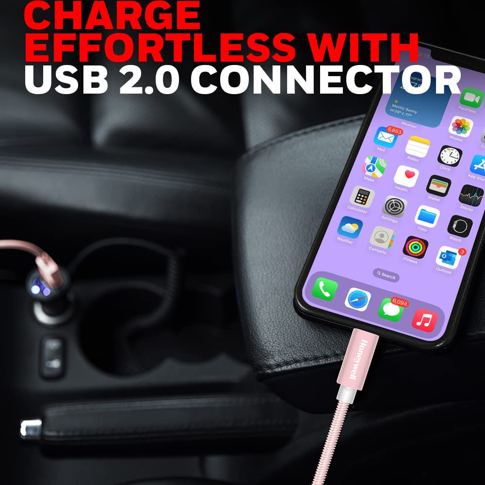 Honeywell USB 2.0 to Lightning, Fast Charging Cable (Apple MFI-Certified), Nylon-Braided, 4 Feet/1.2M - Rose Gold