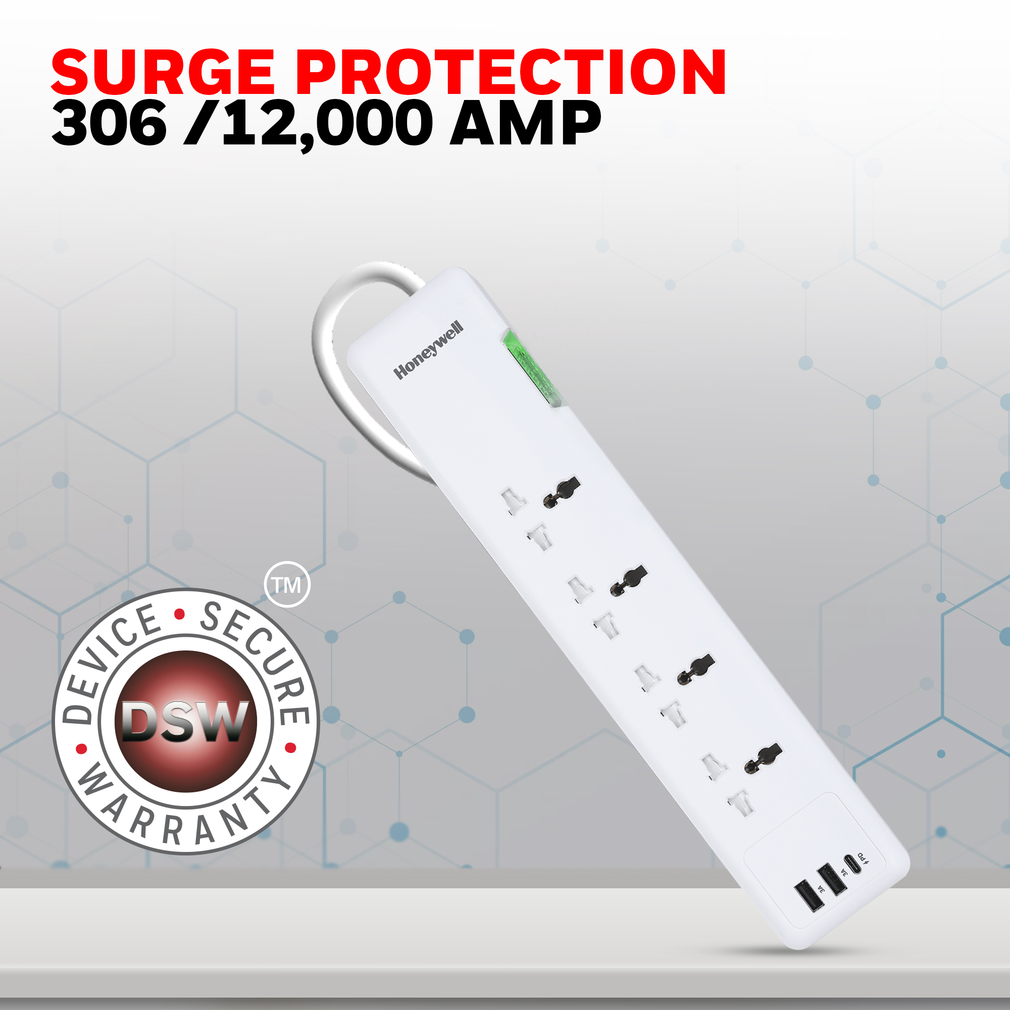 Honeywell Surge Protector with 4 Universal Sockets + 2 USB- A and Type C Port with 1.5 Meter Cord - White