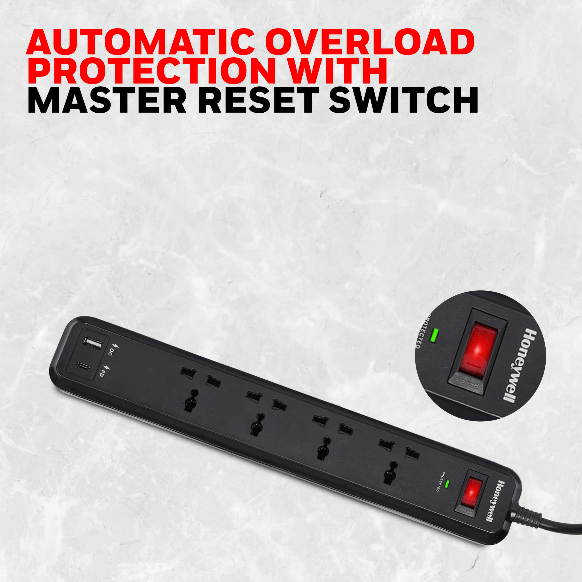 Honeywell Surge Protector with 4 Universal Sockets + USB-A, Type C and 2 Meter Cord - Black