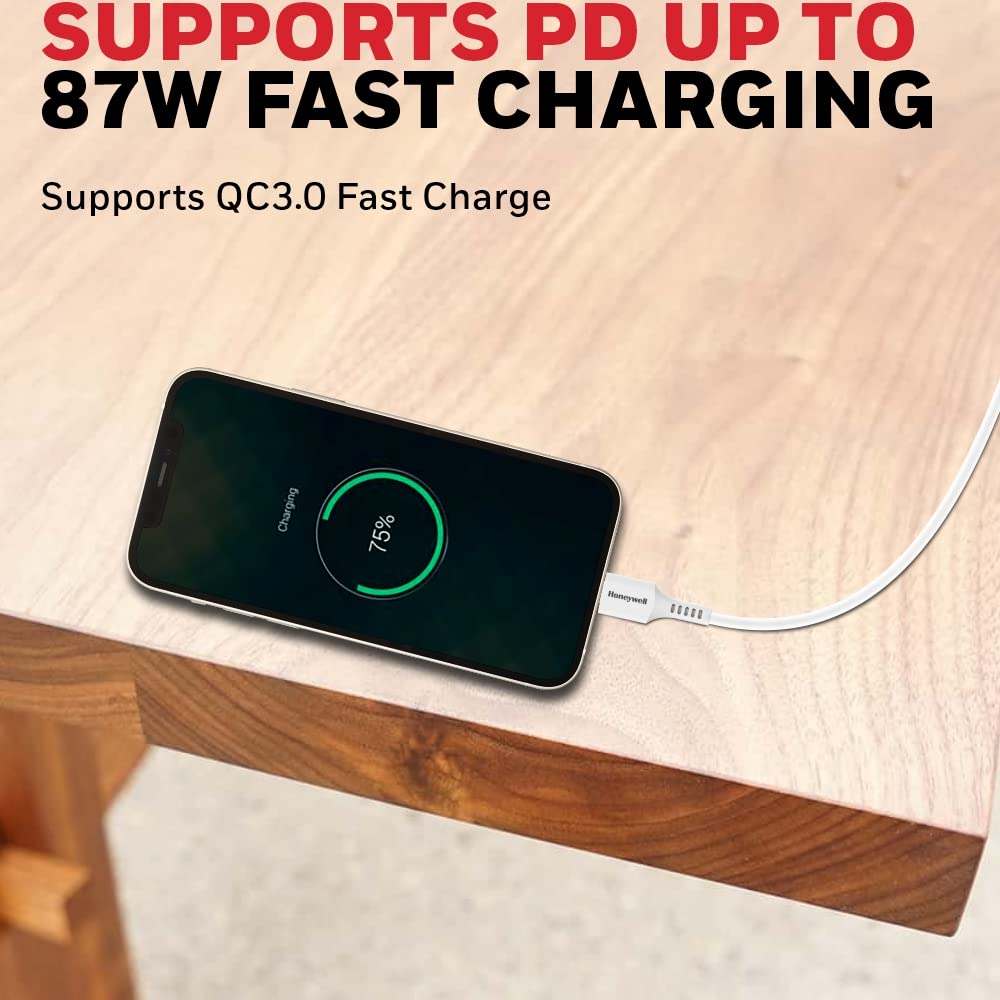 Honeywell Type C to Lightning, Fast Charging Silicone Cable, (Apple MFI-Certified), QC 3.0, PD 87W, 6 Feet/1.8M - White