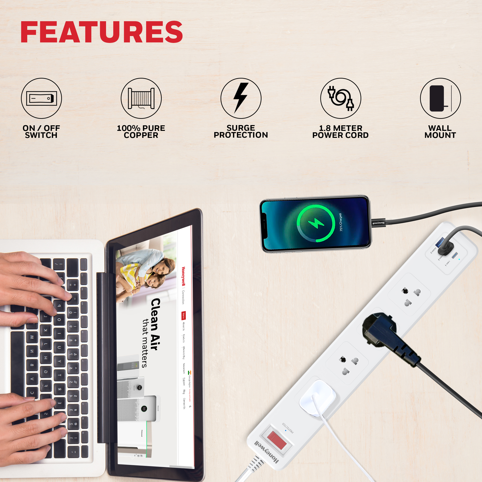 Honeywell 4 Outlet Surge Protector with 1xType C with PD & 2xUSB