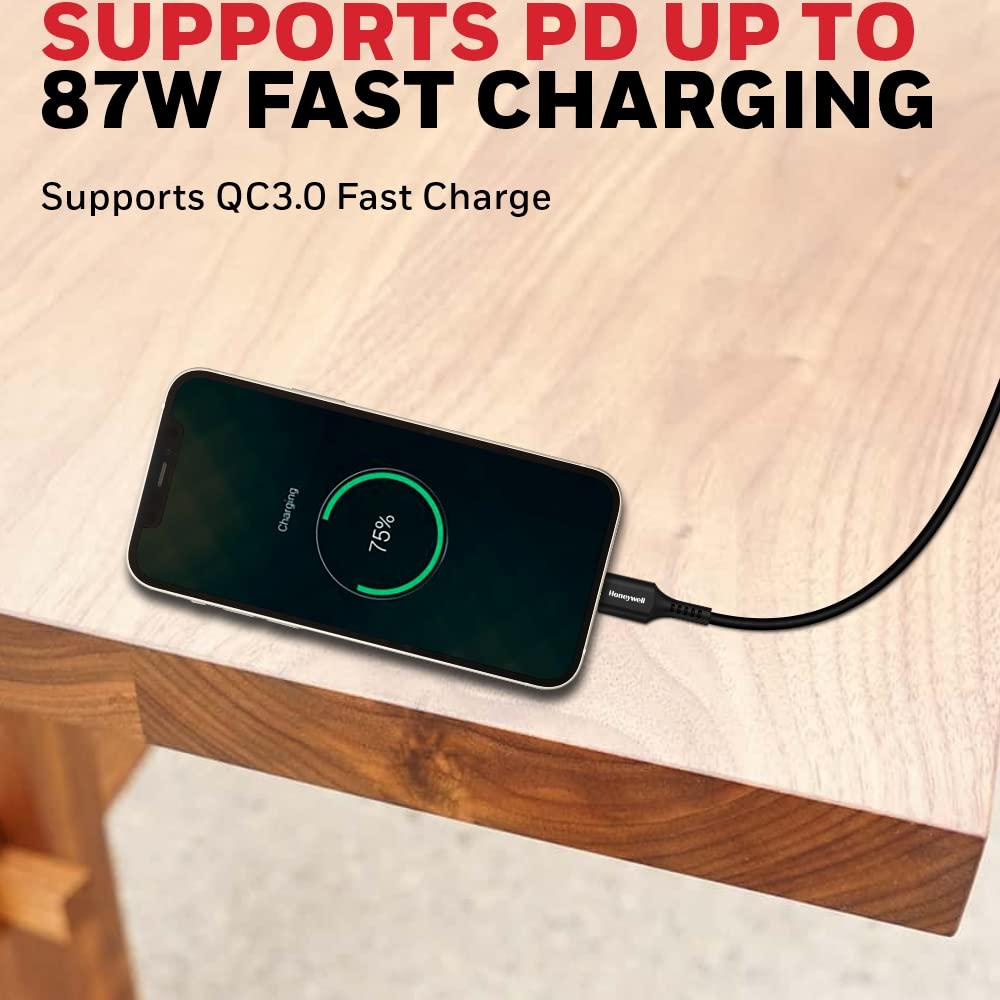 Honeywell Type C to Lightning, Fast Charging Silicone Cable, (Apple MFI-Certified), QC 3.0, PD 87W, 6 Feet/1.8M - Black