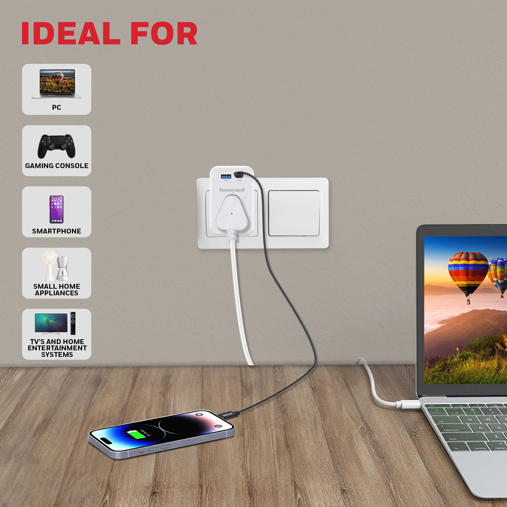 Honeywell 1 Outlet Surge Cube with 1xType C with PD & 1xUSB