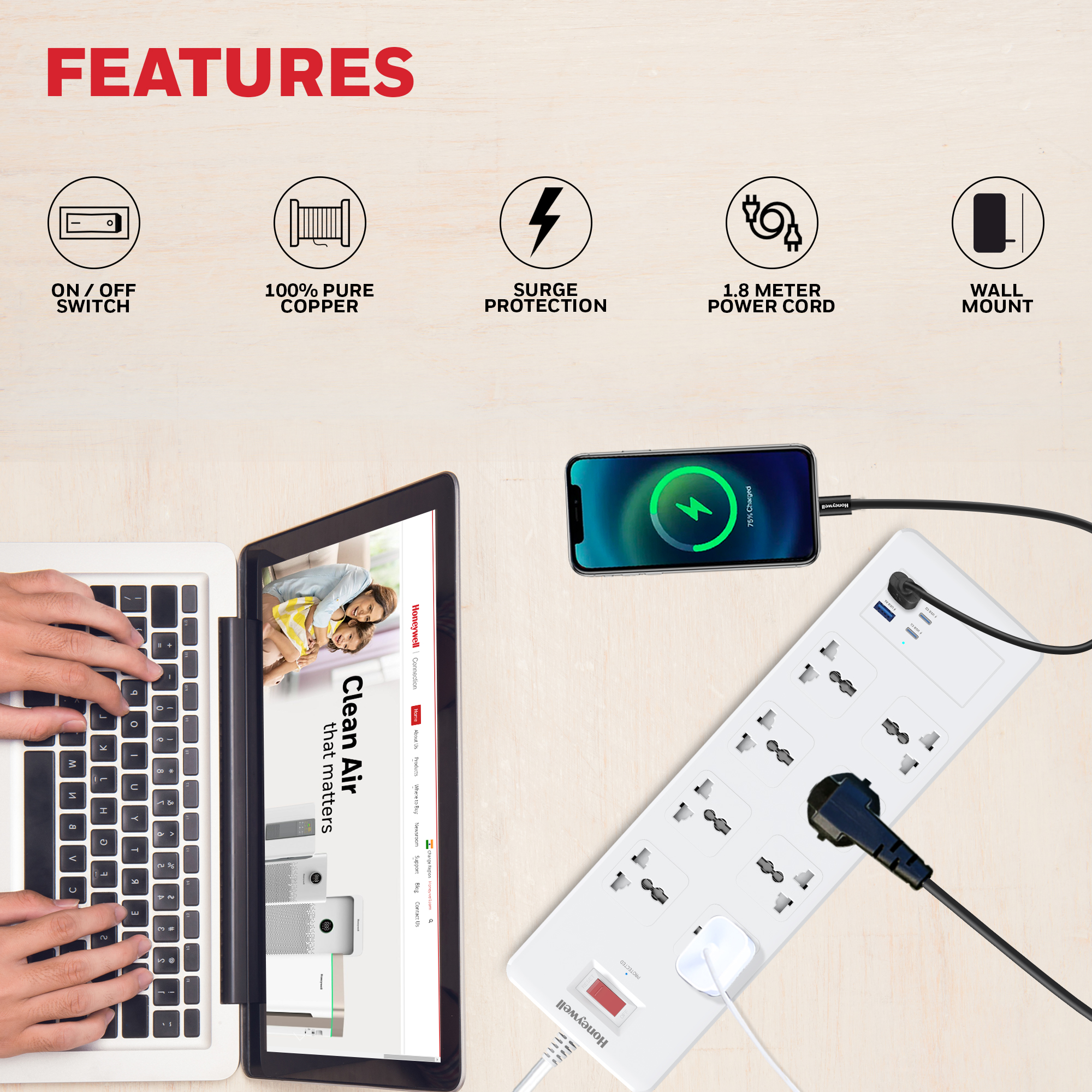 Honeywell 8 Outlet Surge Protector with 2 Type C with PD & 2 USB