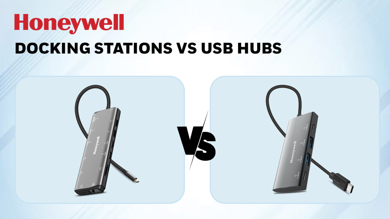 Honeywell graphic comparing docking stations and USB hubs, featuring two sleek devices side by side with a ‘VS’ in the center against a light blue background.