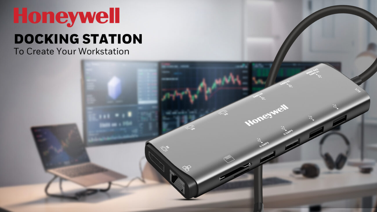Honeywell docking station showcased in front of a modern workstation with a laptop and dual monitors, featuring the text ‘Honeywell Docking Station – To Create Your Workstation
