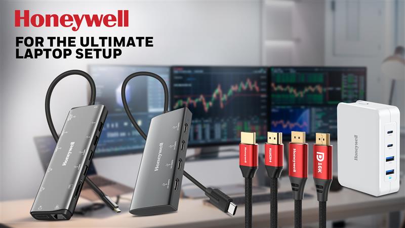 Honeywell docking stations, HDMI and DisplayPort cables, and a USB charger displayed in front of a multi-monitor workstation setup with the text ‘Honeywell – For the Ultimate Laptop Setup.