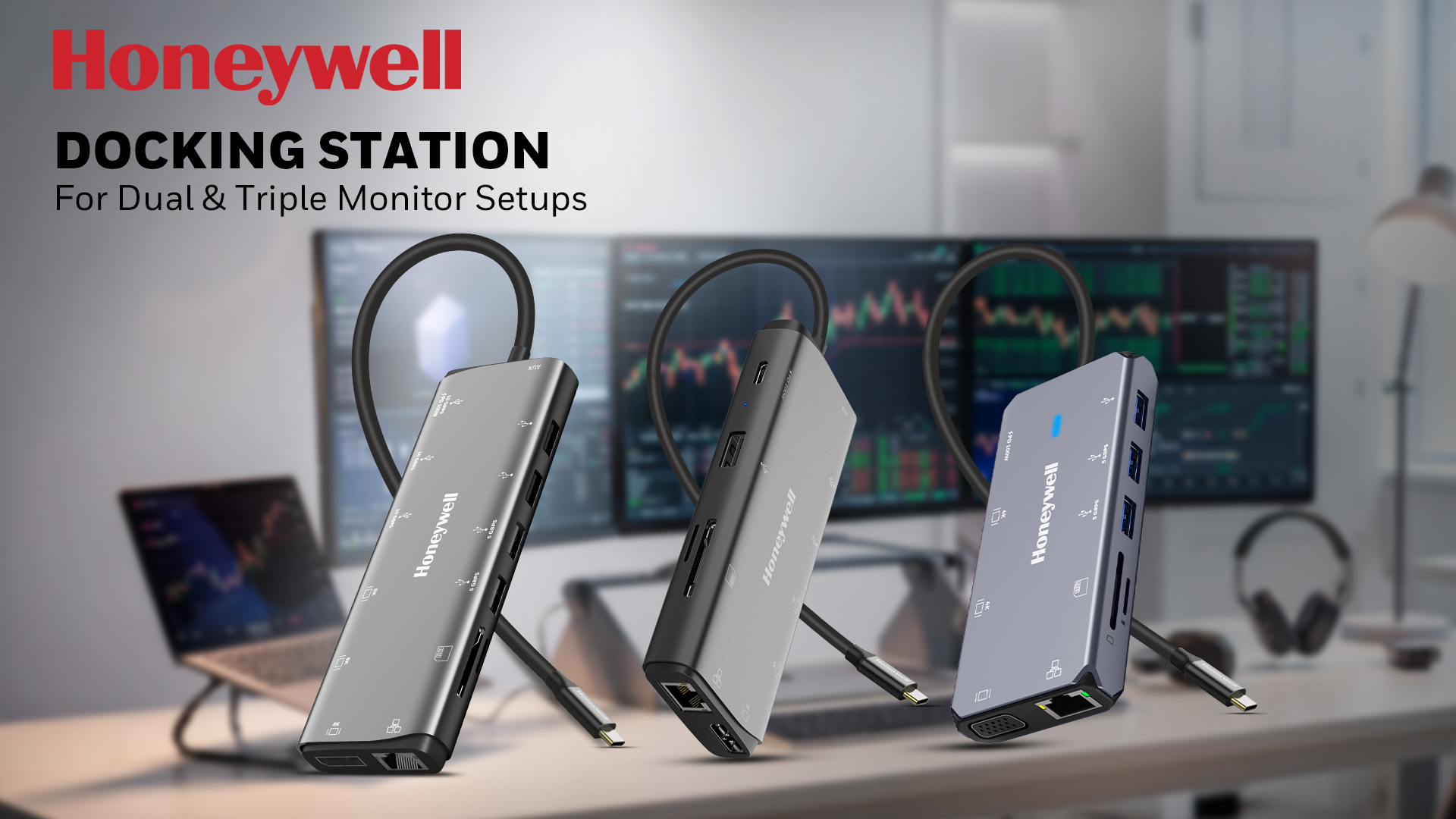 Honeywell USB-C docking stations for dual and triple monitor setups with multiple ports, perfect for office and work-from-home productivity.