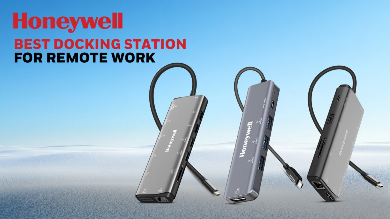 Honeywell docking stations displayed against a blue sky and snowy background with the text ‘Honeywell Best Docking Station for Remote Work’ in bold red and black