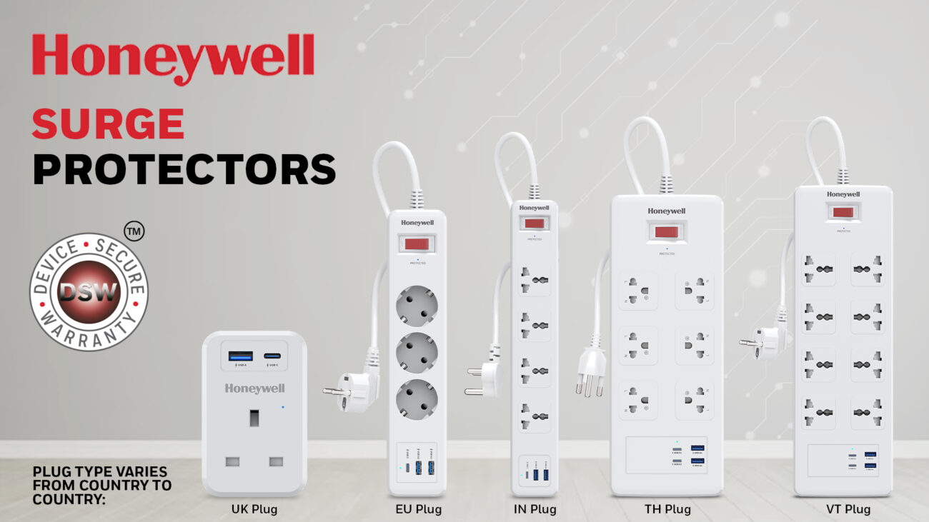Honeywell surge protectors with multiple plug types (UK, EU, IN, TH, VT) displayed against a tech-themed background, featuring Device Secure Warranty (DSW) logo and note ‘Plug type varies from country to country.