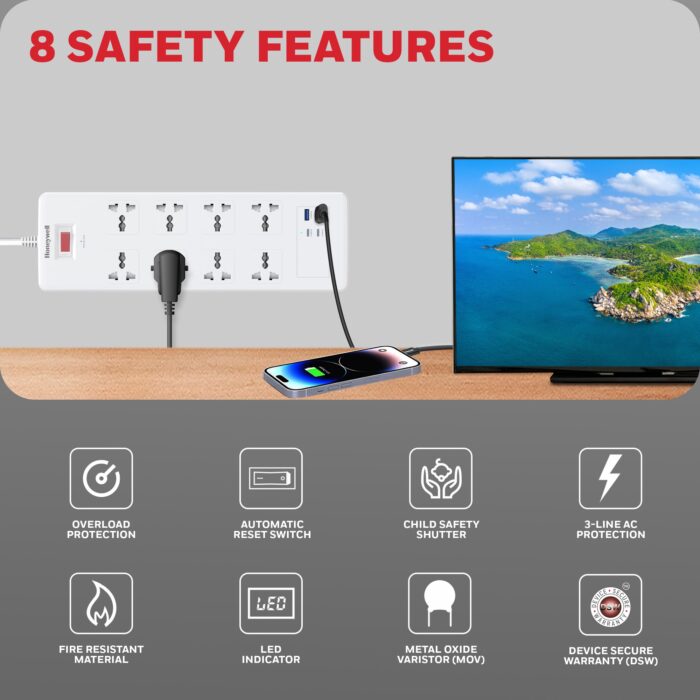 Honeywell 8 Outlet Surge Protector with 2 Type C with PD & 2 USB - Image 3