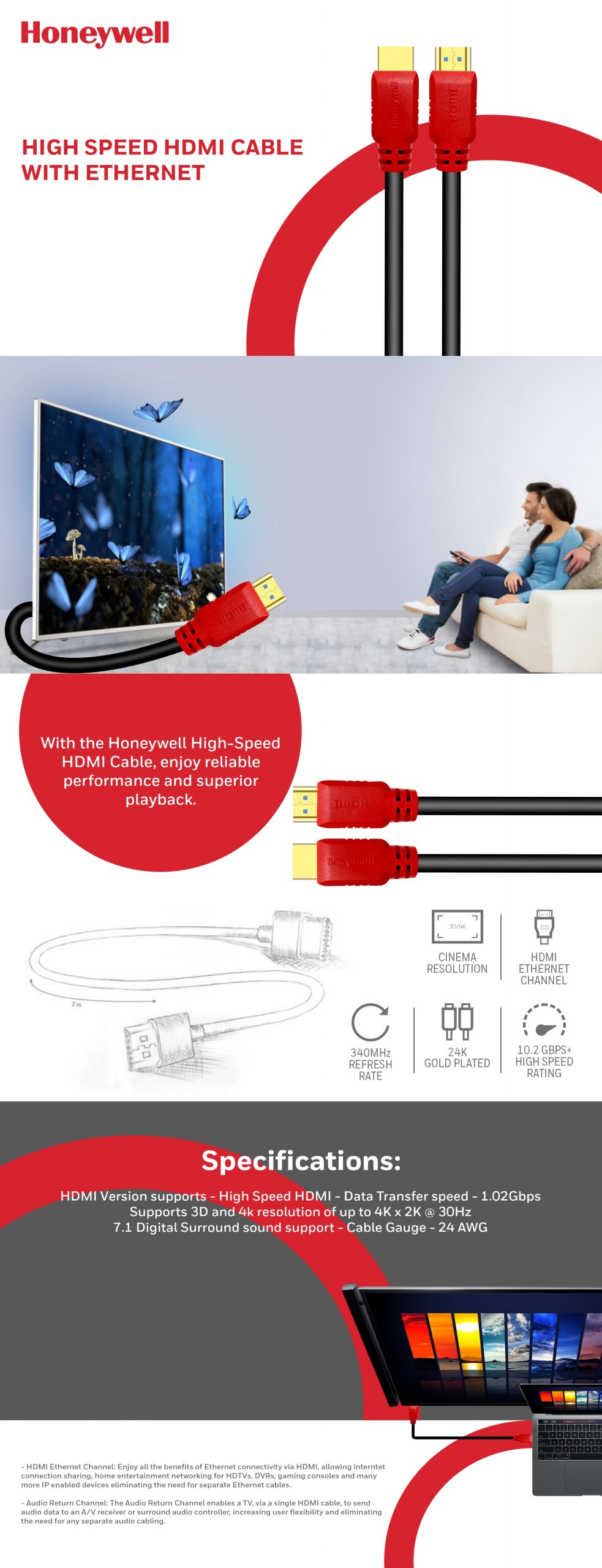 Honeywell High Speed HDMI 1.4 Cable 3 Meter with Ethernet
